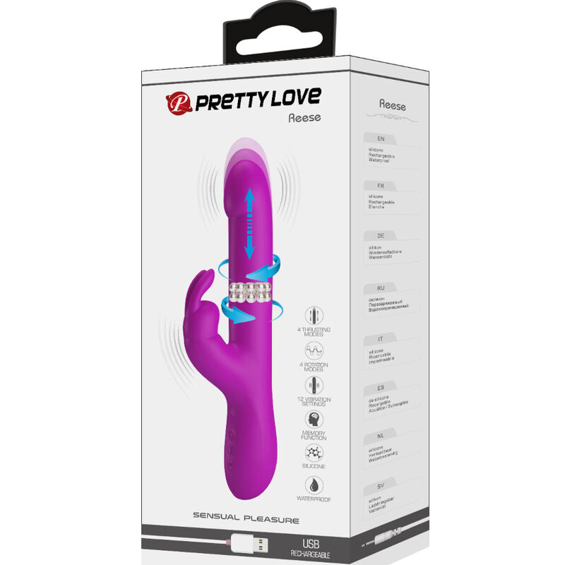 Vibratore Pretty Love Reese con rotazione viola, design elegante e dettagli realistici, ideale per stimolazione intensa.