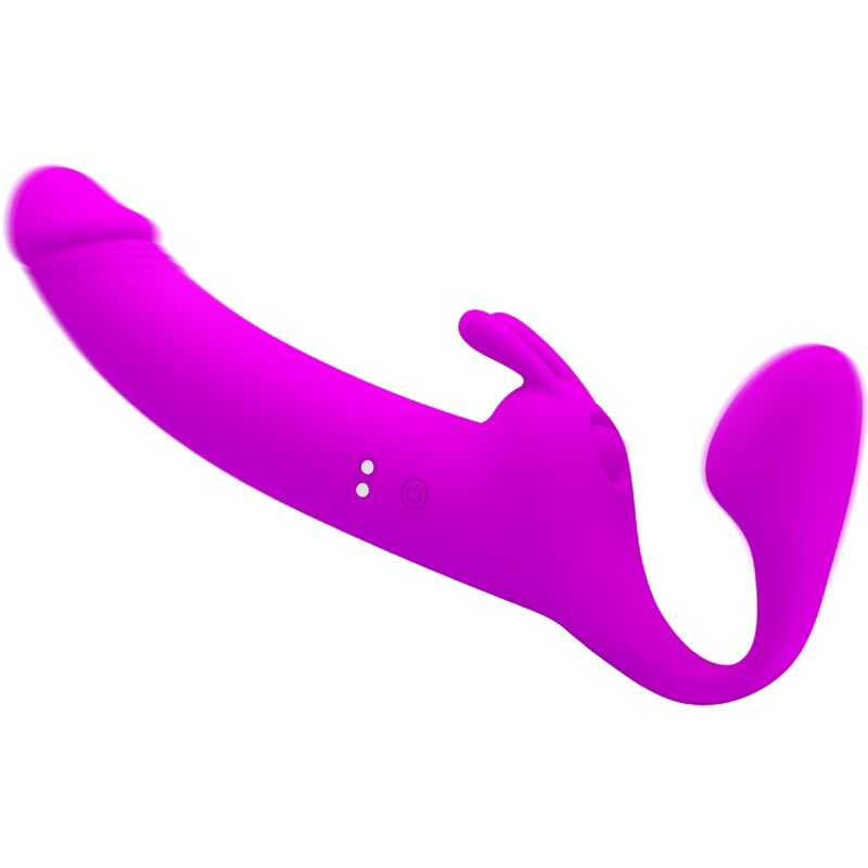 Dildo strapless viola PRETTY LOVE ZANINI con 10 modalità di vibrazione, senza cinghie, in silicone, dettagli visivi.