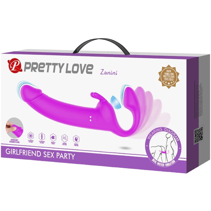 Fornisce un vibratore strapless viola PRETTY LOVE ZANINI con 10 modalità di vibrazione, design senza cinghie e dettagli visivi.