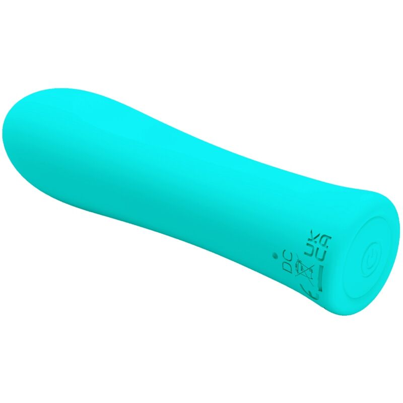 Vibratore verde acqua PRETTY LOVE ALFREDA SUPER POWER, marchio PRETTY LOVE FLIRTATION, con dettagli e forma ergonomica visible.