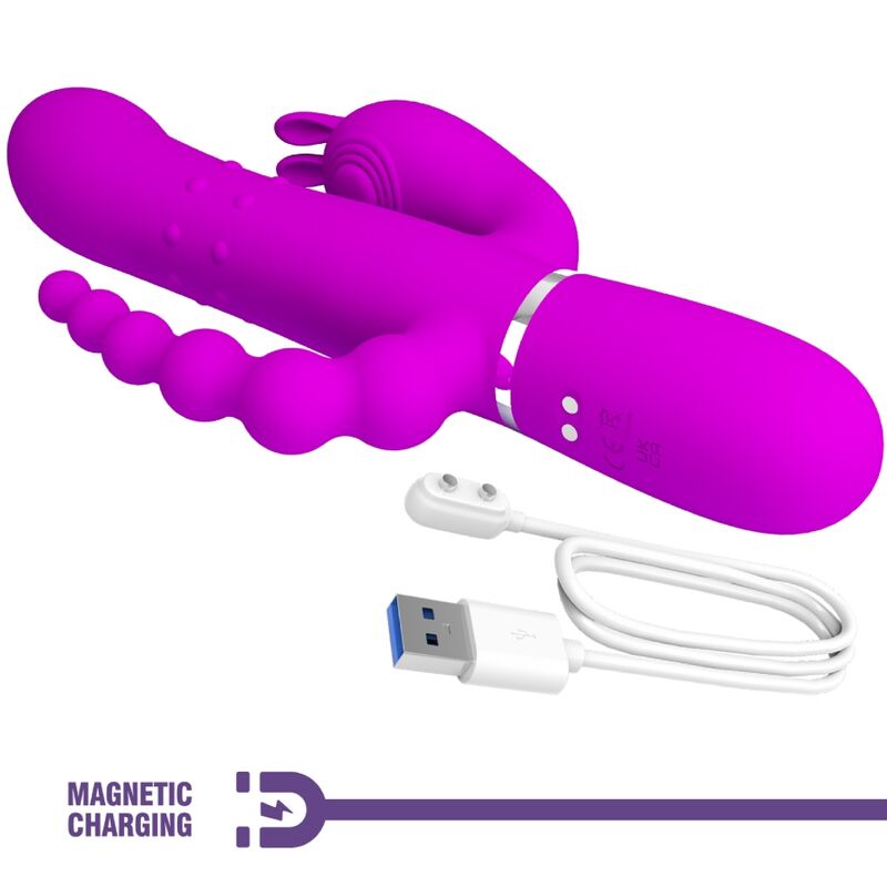 Vibratore triplo multifunzione PRETTY LOVE Cammy rosa, design ergonomico e dettagliato per stimolazione intensa.