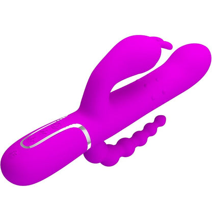 Vibratore triplo multifunzione Pretty Love Cammy rosa, design elegante e dettagli realistici, prodotto per il piacere e il benessere.