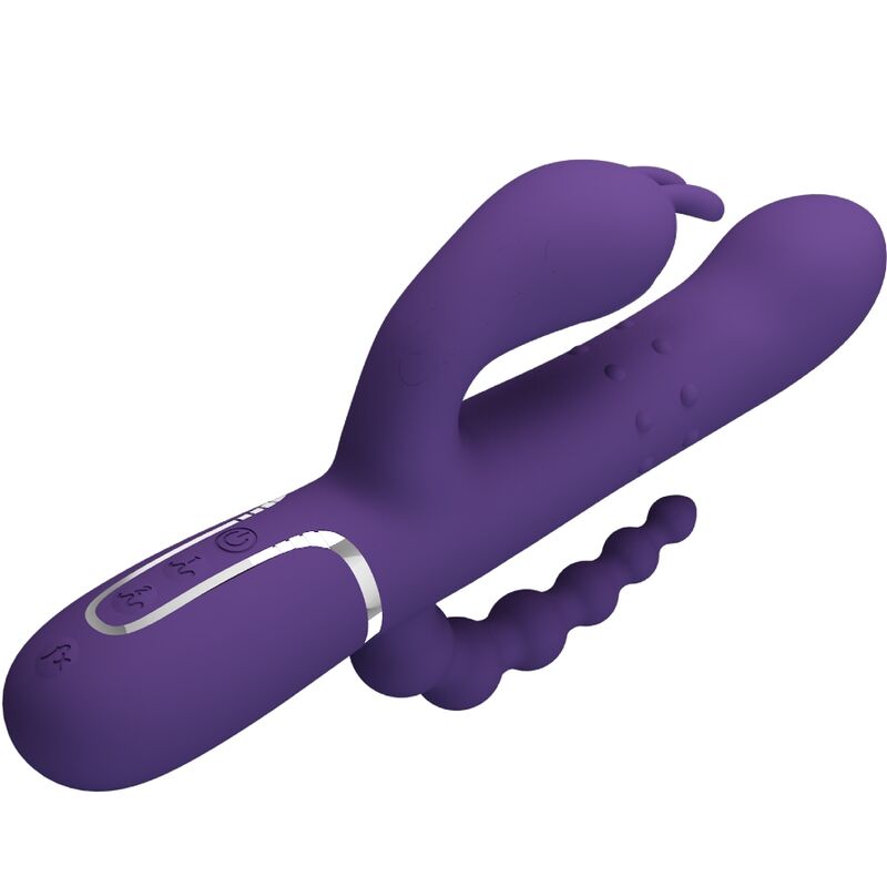 Vibratore triplo multifunzione PRETTY LOVE Cammy viola, design ergonomico e dettagli realistici, ideale per stimolazione.