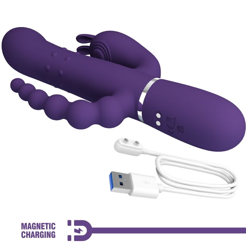 Vibratore triple multifunzione PRETTY LOVE Cammy in viola con design ergonomico e funzioni multiple, per piacere versatile e stimolante.