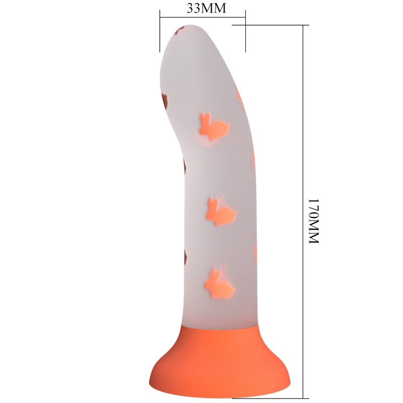 Dildo magico luminoso arancione PRETTY LOVE FLIRTATION senza vibrazioni, design realistico e dettagliato, immagine che mostra il prodotto.