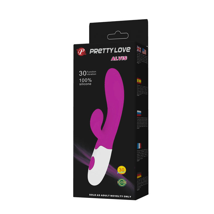 Vibratore alvis di Pretty Love Flirtation con stimolatore del clitoride, design elegante e compatto, in uso su una superficie morbida.