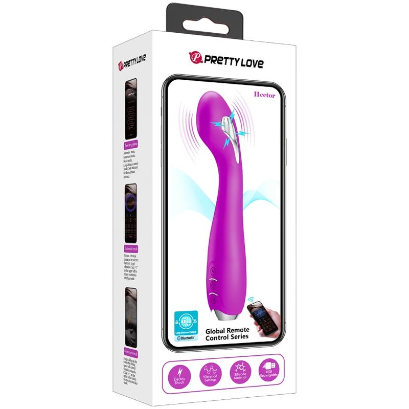 Vibratore Hector di Pretty Love Flirtation, colore viola, con funzione elettroshock e controllo tramite app, vista dall'immagine.