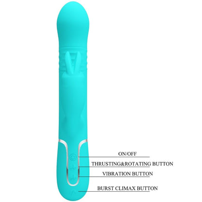 Vibratore a perle coale di Pretty Love Flirtation, design rabbit verde acqua, con stimolazione doppia, dettagli realistici e compatto.
