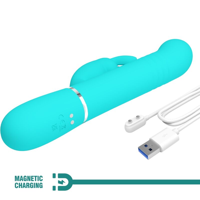 Vibratore coale a forma di coniglio verde acqua della linea Pretty Love Flirtation, con perle e design ergonomico.