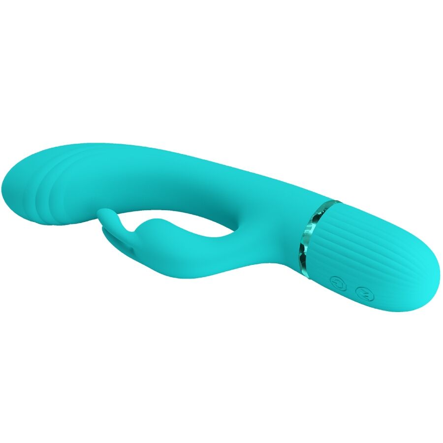 Vibratore coniglio turchese PRETTY LOVE SCOCCO, design ergonomico, silicone morbido, per stimolazione precisa, marca PRETTY LOVE FLIRTATION.