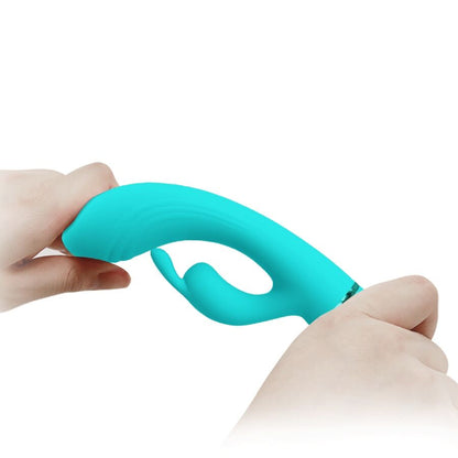 Vibratore coniglio turchese PRETTY LOVE FLIRTATION, design ergonomico e dettagli colorati, ideale per stimolazione e piacere.
