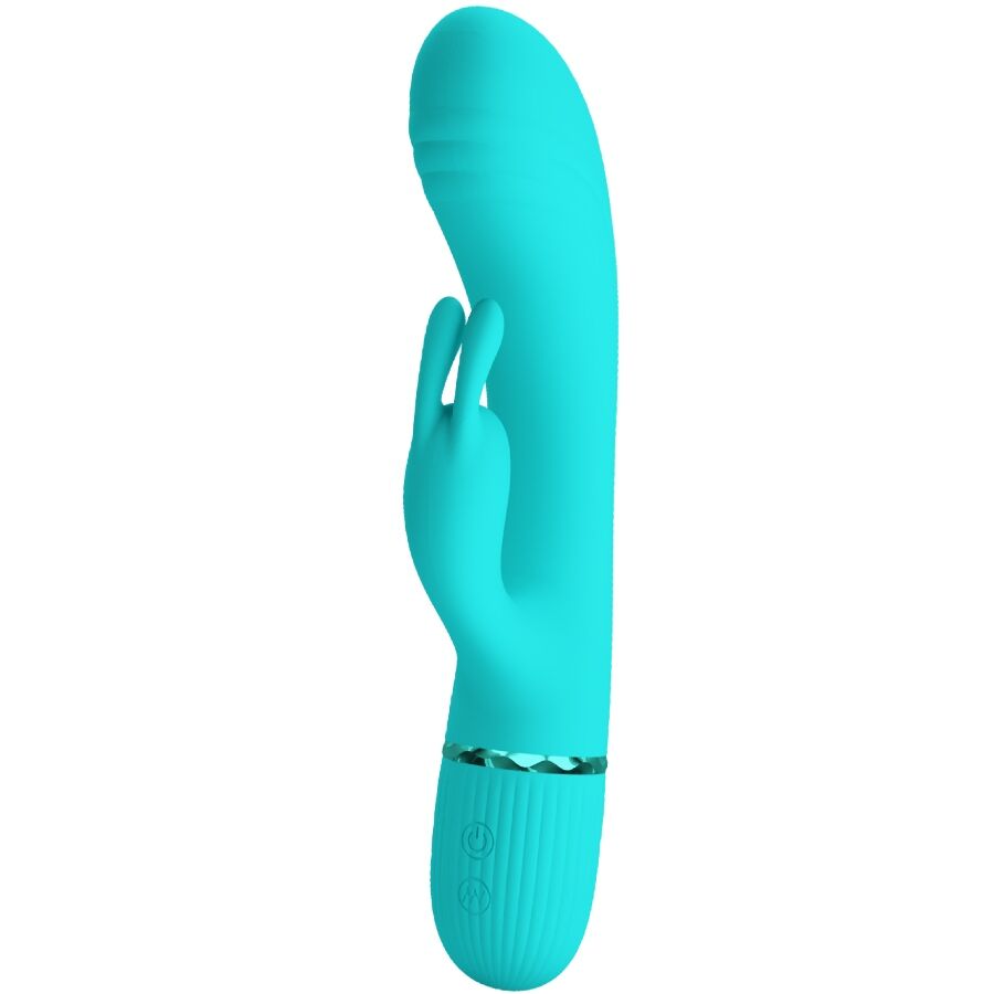 Vibratore coniglio turchese PRETTY LOVE FLIRTATION, design elegante e dettagli realistici, ideale per stimolazione e piacere personale.