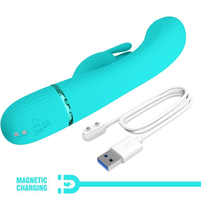 Vibratore coniglio turchese PRETTY LOVE FLIRTATION, design ergonomico e dettagli realistici, ideale per stimolazione intensa.