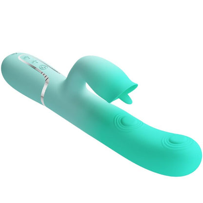 Vibratore multifunzione coniglio Gigi di Pretty Love Flirtation, in colore verde acqua, con design ergonomico e dettagli realistici