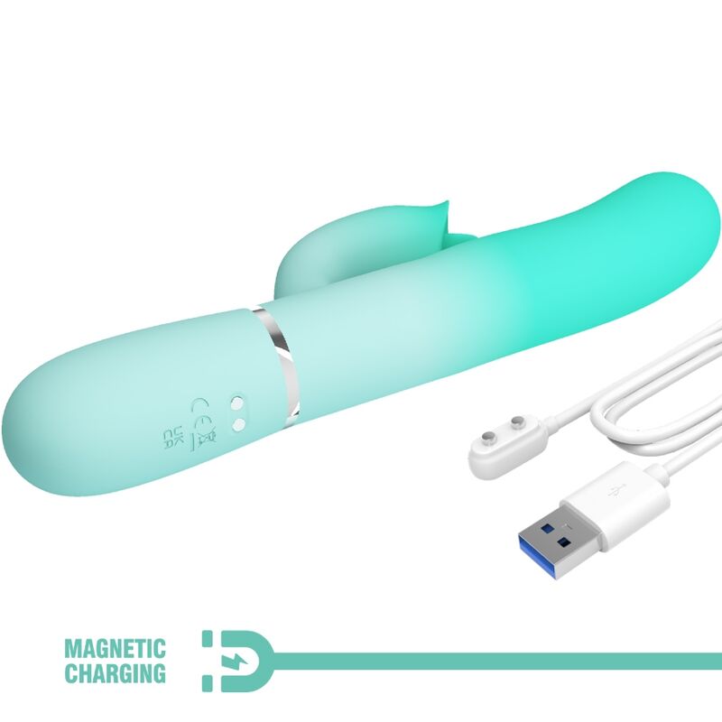 Vibratore multifunzione coniglio Gigi di Pretty Love Flirtation, in colore verde acqua, visibile con dettagli del design e pulsanti.