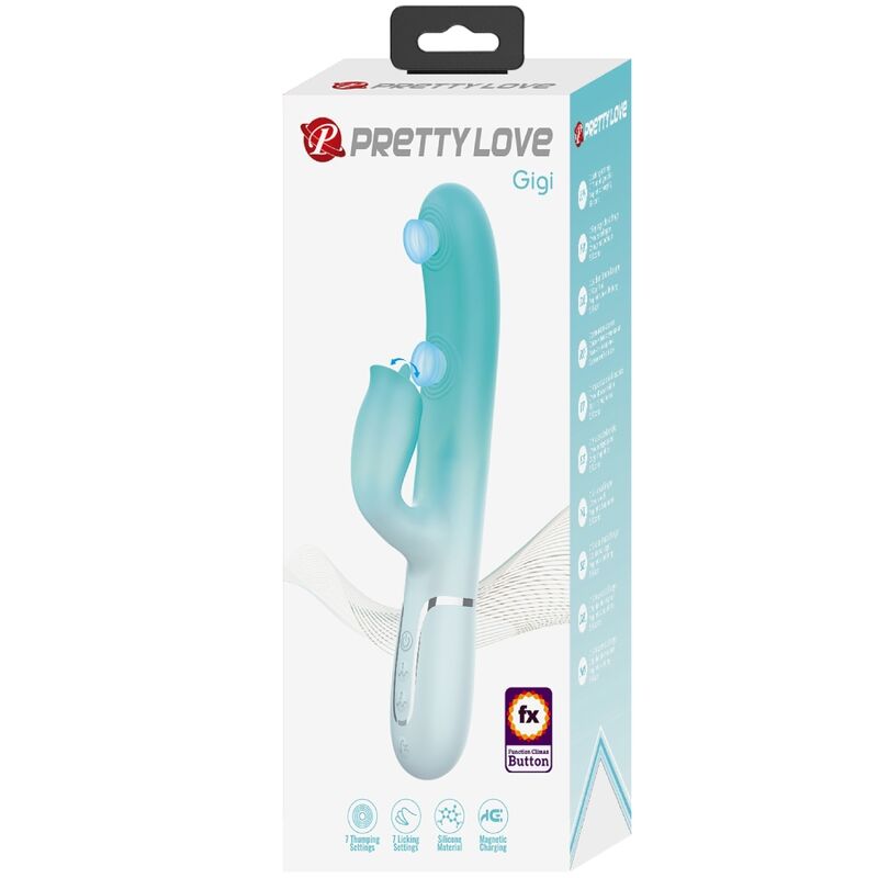 Vibratore multifunzione coniglio Gigi verde acqua di PRETTY LOVE FLIRTATION, design ergonomico e dettagli realistici.