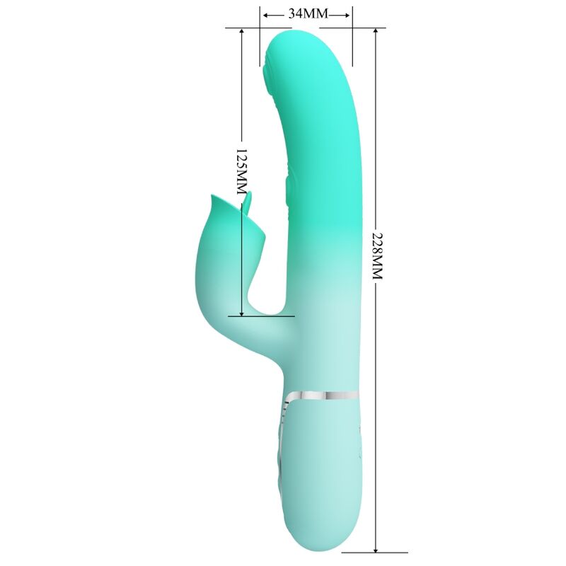 Vibratore multifunzione coniglio Gigi di PRETTY LOVE FLIRTATION, colore verde acqua, dettagli del design e pulsanti sul lato.