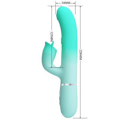 Vibratore multifunzione coniglio Gigi di PRETTY LOVE FLIRTATION, colore verde acqua, dettagli del design e pulsanti sul lato.