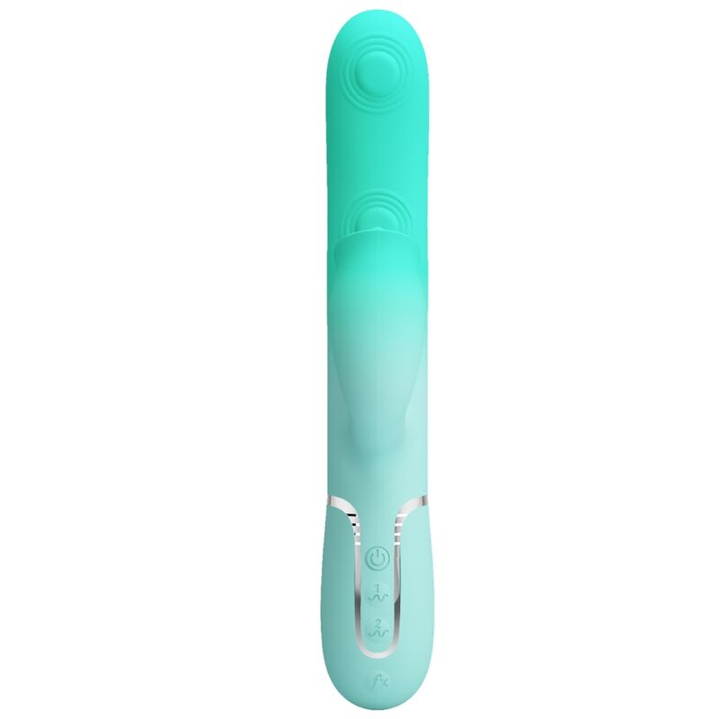 Vibratore multifunzione coniglio Gigi di Pretty Love Flirtation, colore verde acqua, display le funzioni del dispositivo.