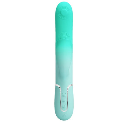 Vibratore multifunzione coniglio Gigi di Pretty Love Flirtation, colore verde acqua, display le funzioni del dispositivo.