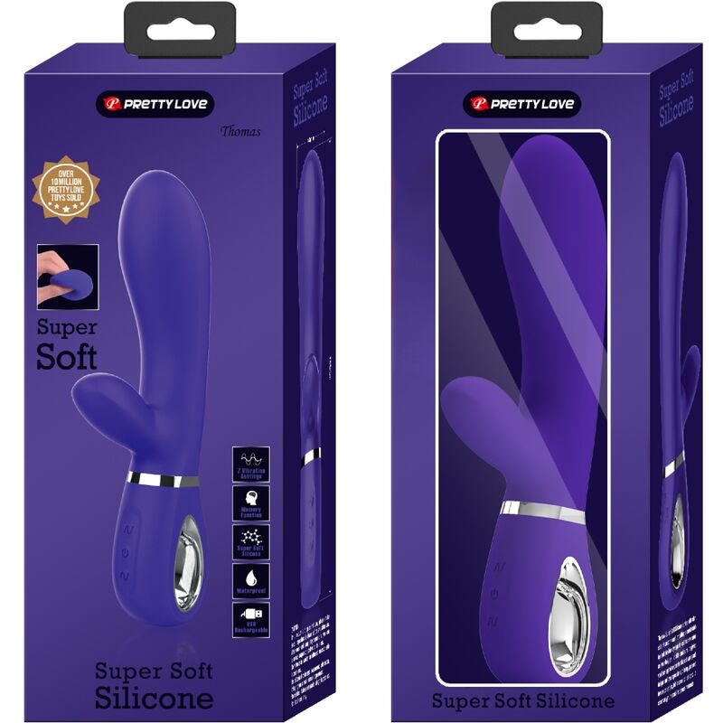 Vibratore multifunzione G-Spot PRETTY LOVE FLIRTATION Thomas Viola, design ergonomico e dettagli colorati, in uso con sfondo neutro.
