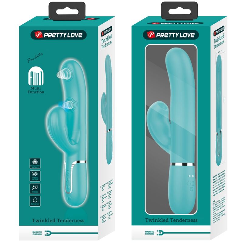 Vibratore multifunzione Pretty Love Perlita 3-in-1 G-Spot, verde acqua, con design ergonomico e funzionalità multiple.
