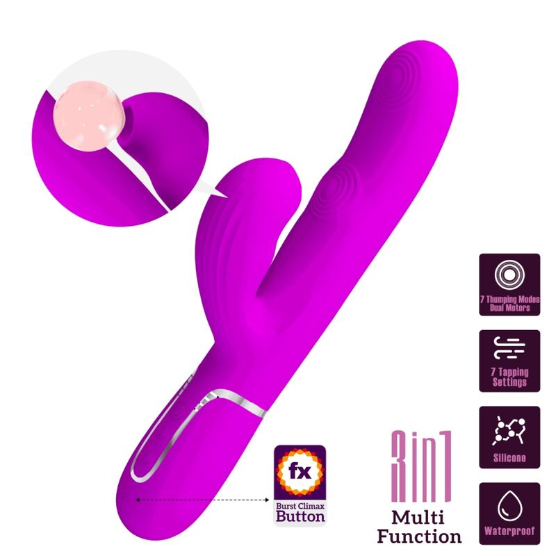 Vibratore multifunzione Pretty Love Perlita 3-in-1 G-spot, colore viola, con design ergonomico e funzionalità multiple.