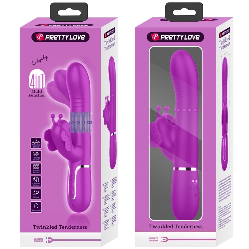 Vibratore multifunzione rabbit 4 in 1 Pretty Love Flirtation, farfalla fucsia, design colorato e stimolante per il piacere.