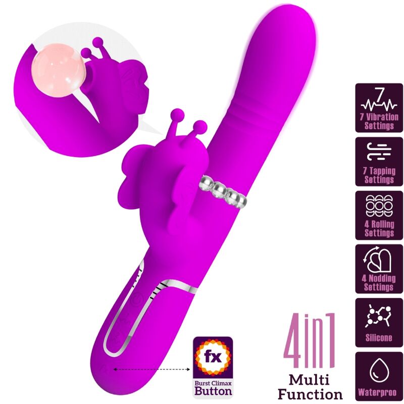 Vibratore multifunzione rabbit 4 in 1 Pretty Love Flirtation, farfalla fucsia, con design ergonomico e dettagli colorati.