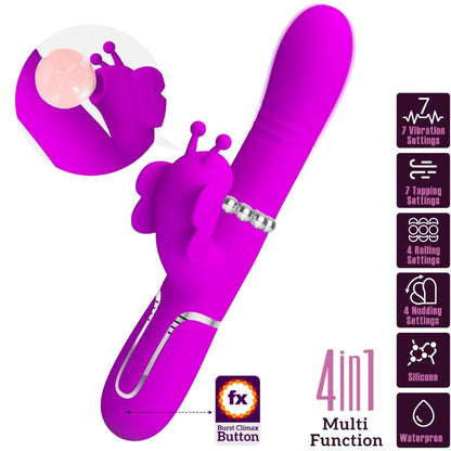 Vibratore multifunzione rabbit 4 in 1 Pretty Love Flirtation, farfalla fucsia, con design ergonomico e dettagli colorati.