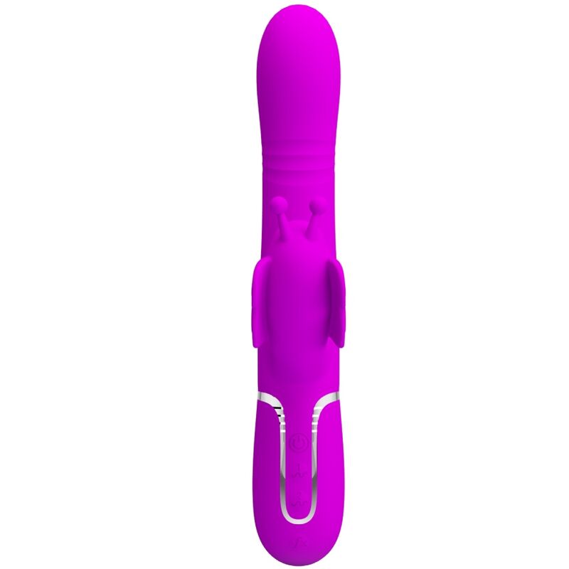 Vibratore multifunzione rabbit 4 in 1 Pretty Love Flirtation, design farfalla fucsia, con dettagli colorati e funzionalità multiple