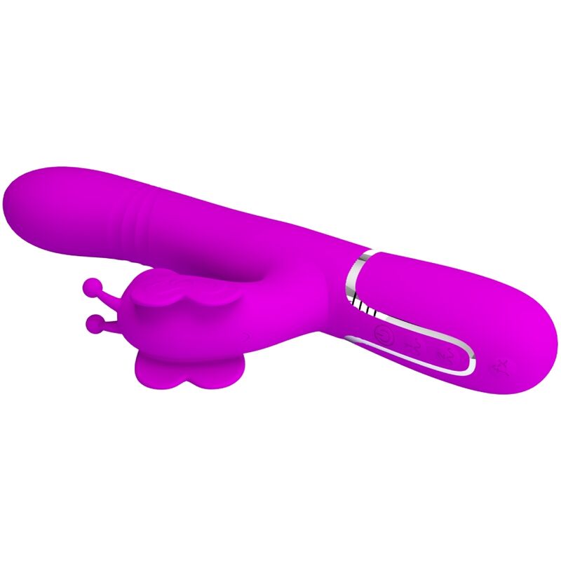 Vibratore multifunzione rabbit 4 in 1 Pretty Love Flirtation, design a farfalla color fucsia con dettagli realistici.