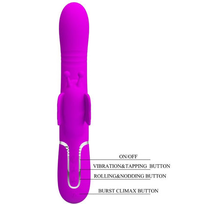 Vibratore multifunzione rabbit 4 in 1 Pretty Love Flirtation, design a forma di farfalla fucsia con dettagli colorati.