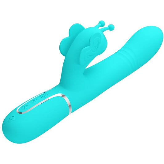 Vibratore multifunzione rabbit 4 in 1 Pretty Love Flirtation, farfalla verde acqua, con design ergonomico e stimolatore clitoride
