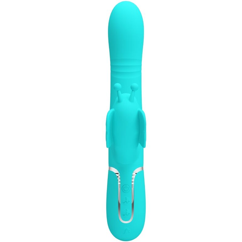 Vibratore multifunzione rabbit 4-in-1 Pretty Love Flirtation, design farfalla verde acqua, con dettagli eleganti e funzionalità multiple.
