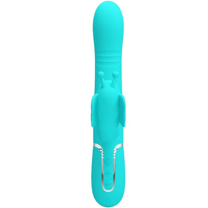 Vibratore multifunzione rabbit 4-in-1 Pretty Love Flirtation, design farfalla verde acqua, con dettagli eleganti e funzionalità multiple.