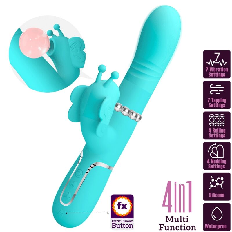 Vibratore multifunzione rabbit 4 in 1 Pretty Love Flirtation, design a farfalla verde acqua, dettagli e texture visibili.