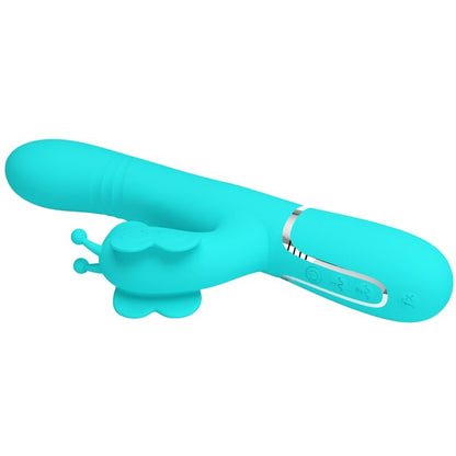 Vibratore multifunzione rabbit 4 in 1 Pretty Love Flirtation, design farfalla verde acqua, dettagli e pulsanti visibili.