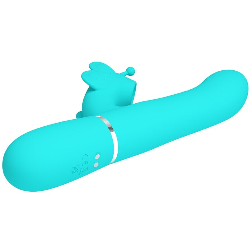 Vibratore multifunzione rabbit 4 in 1 Pretty Love Flirtation, design a farfalla verde acqua, dettagli eleganti e colorata.