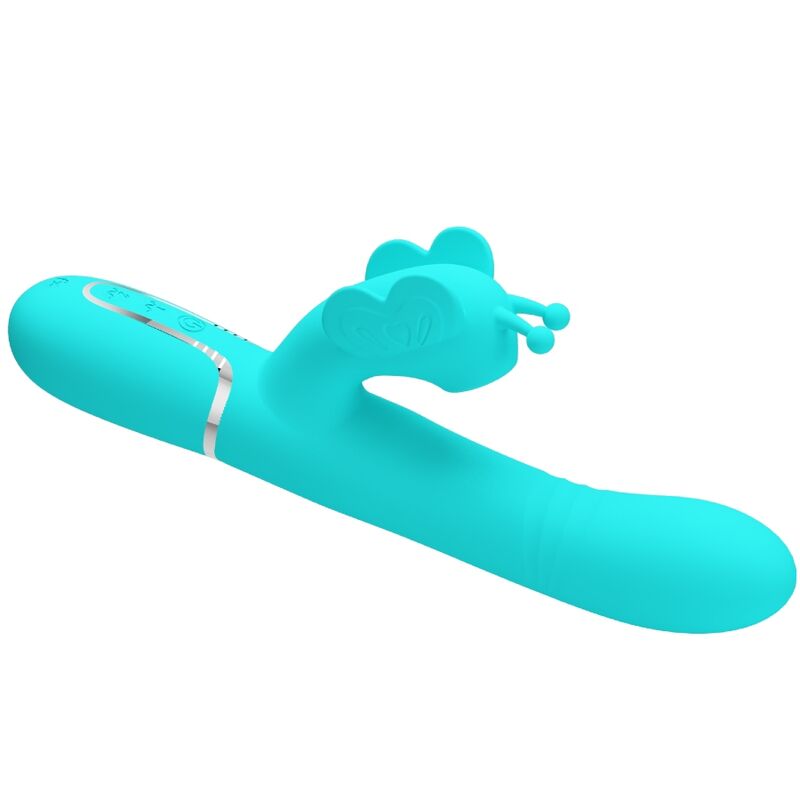 Vibratore multifunzione rabbit 4 in 1 Pretty Love Flirtation, forma a farfalla verde acqua, dettagli di silicone morbido