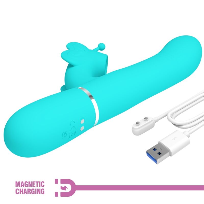 Vibratore multifunzione rabbit 4 in 1 Pretty Love Flirtation, design a farfalla verde acqua, dettagli realistici e funzioni multiple