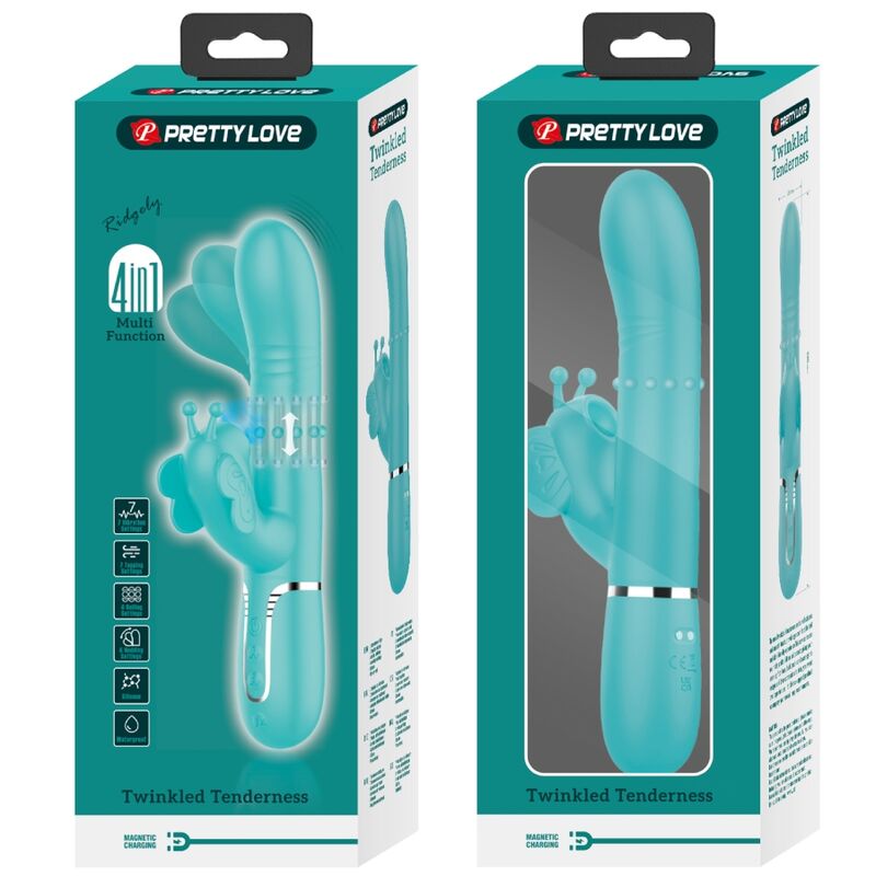 Vibratore multifunzione rabbit 4 in 1 Pretty Love Flirtation, forma farfalla, colore verde acqua, dettagli visibili in immagine