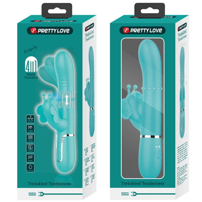 Vibratore multifunzione rabbit 4 in 1 Pretty Love Flirtation, forma farfalla, colore verde acqua, dettagli visibili in immagine