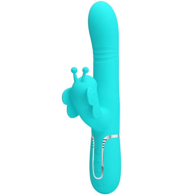 Vibratore multifunzione rabbit 4 in 1 Pretty Love Flirtation, forma farfalla, colore verde acqua, dettagli visibili in immagine