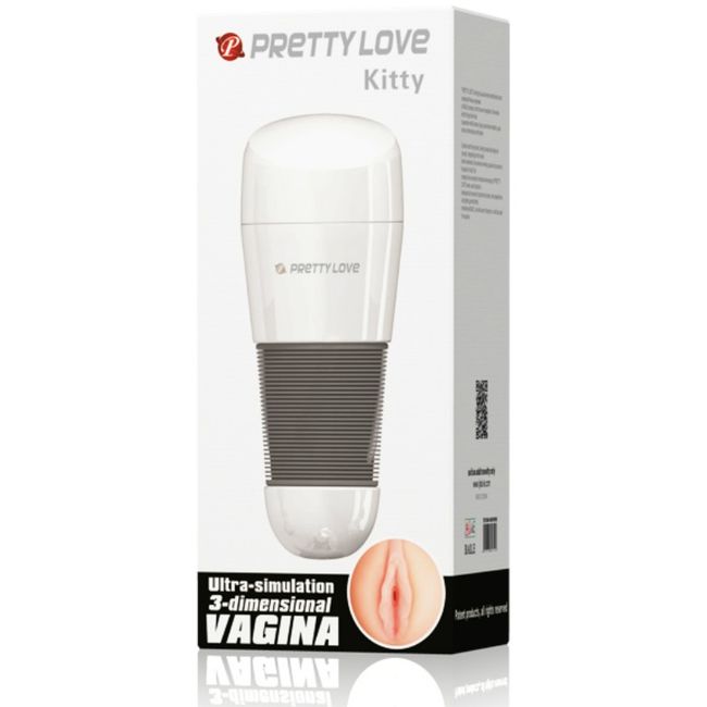 Masturbatore vagina bianco Kitty di Pretty Love Male, confezione con dettagli del prodotto e design realistico.