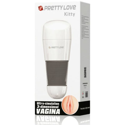 Masturbatore vagina bianco Kitty di Pretty Love Male, confezione con dettagli del prodotto e design realistico.