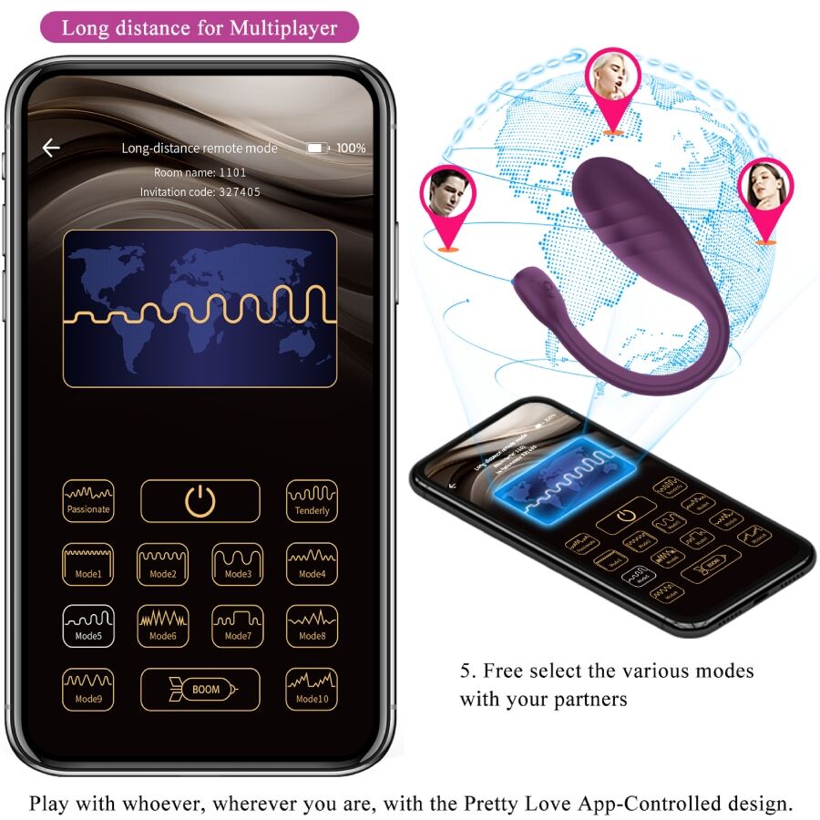 Vibratore controllato da app Pretty Love Leviathan viola, design ergonomico e dettagli moderni, marchio Pretty Love Smart.