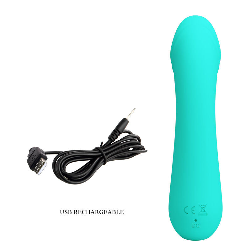 Vibratore ricaricabile Pretty Love Cetus verde acqua, design elegante, superficie liscia e dettagli ergonomici.
