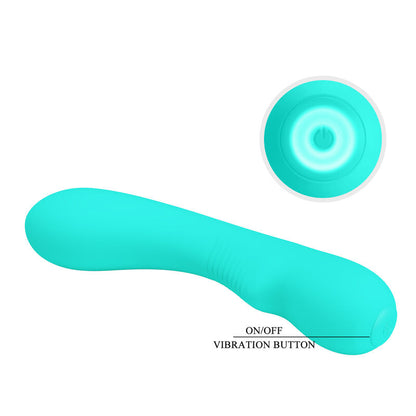 Vibratore ricaricabile Pretty Love Prescott verde acqua, design ergonomico e dettagliato, ideale per piacere e stimolazione.