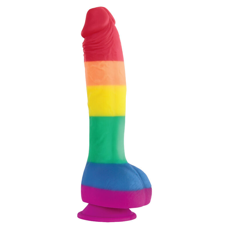Dildo PRIDE con bandiera LGBT, 19 cm, in silicone colorato con motivo arcobaleno, supporto per giochi intimi inclusa.